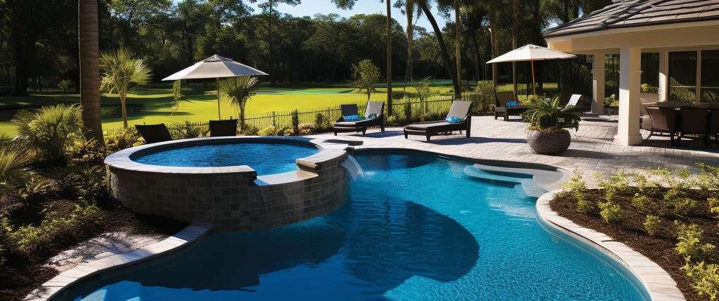 Luxurious backyard swimming pool in Miami with modern travertine deck and clear blue water after resurfacing.