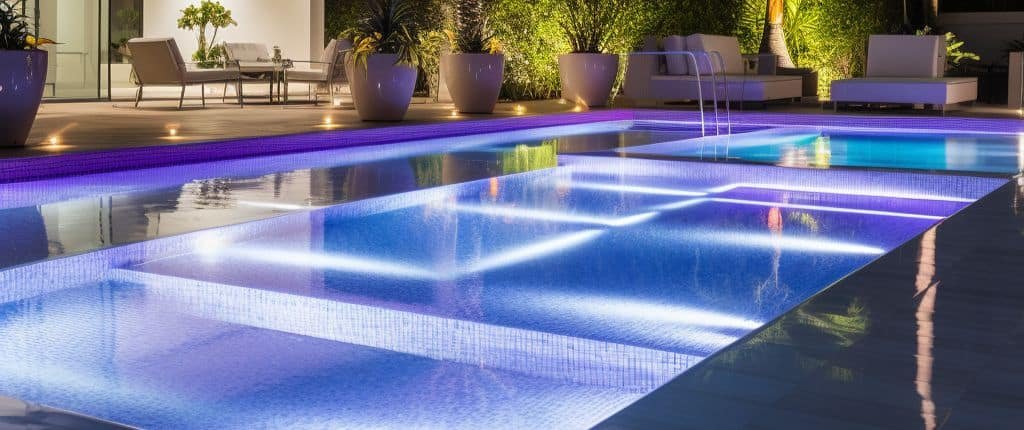 Remodeled Miami pool with LED lighting, custom tile mosaic, and integrated spa.