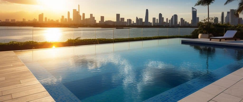 Luxurious infinity edge swimming pool overlooking Miami skyline