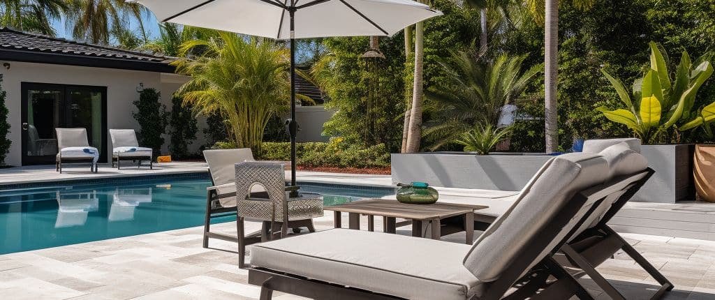 Remodeled pool deck with travertine pavers in a Miami home