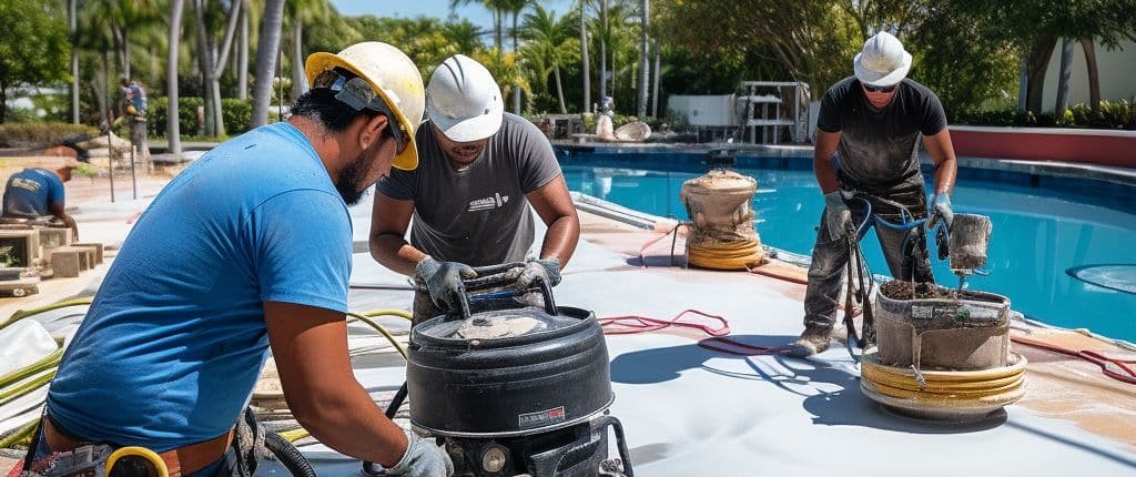 Professional pool contractors resurfacing a pool in Miami