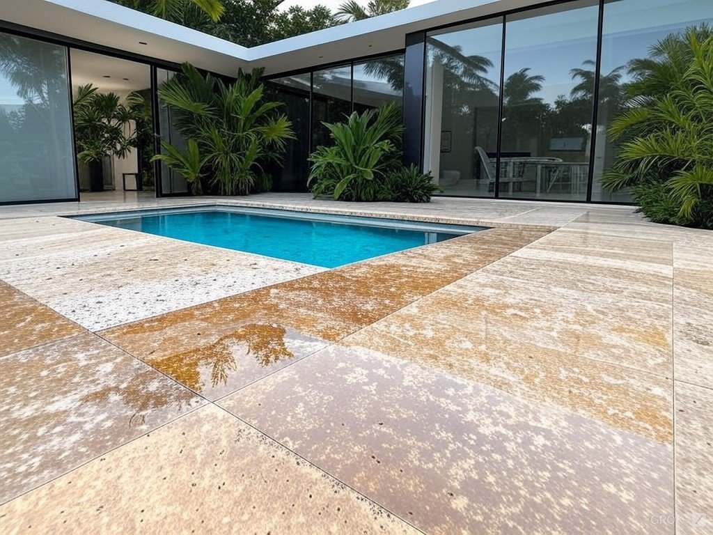 travertine deck pool by PoolSide Renos